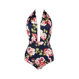 COCOSHIP Retro Floral One Piece Backless Swimsuit